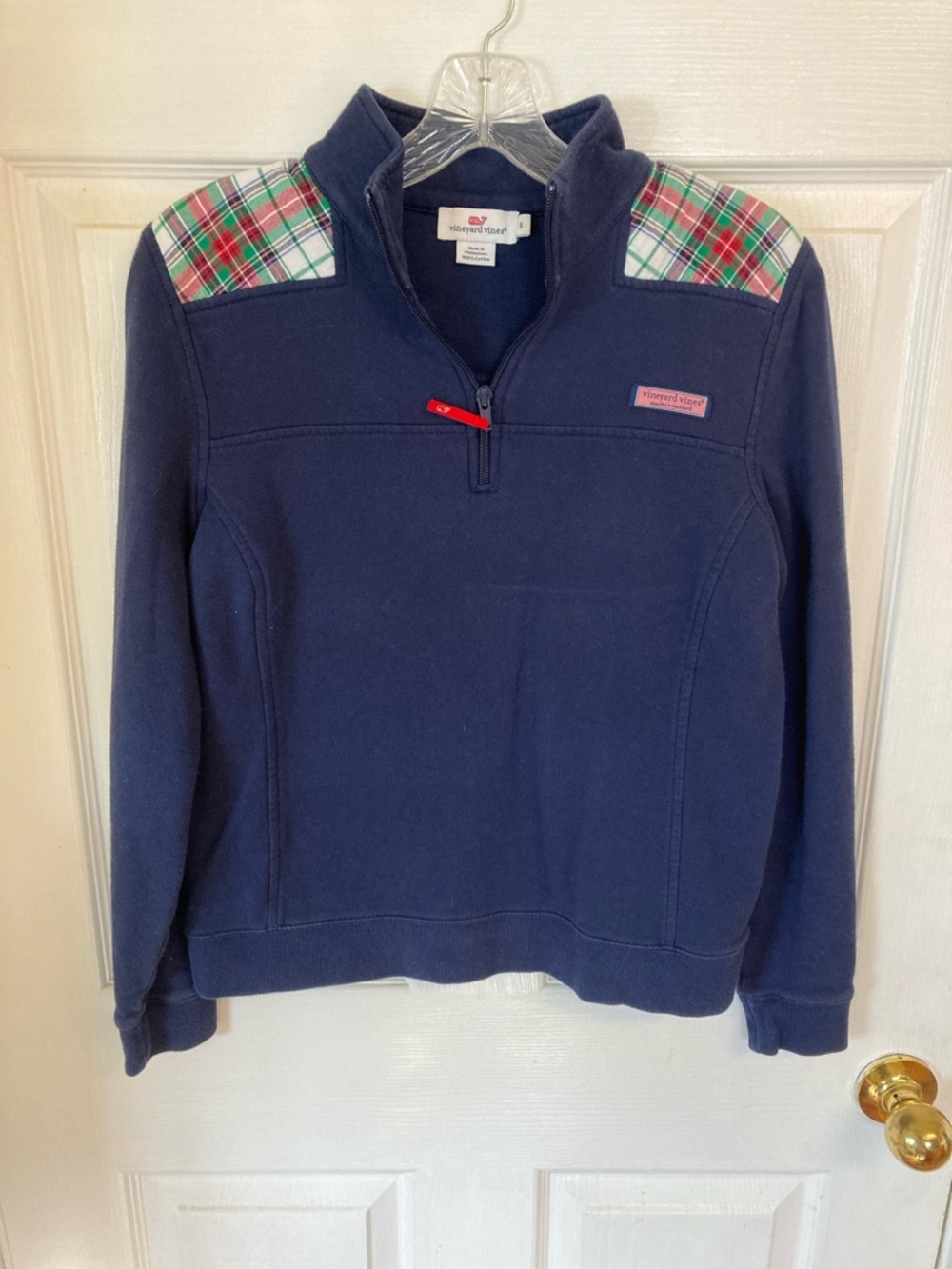Vineyard Vines Navy Quarter-Zip with Red Plaid Shoulder Accents